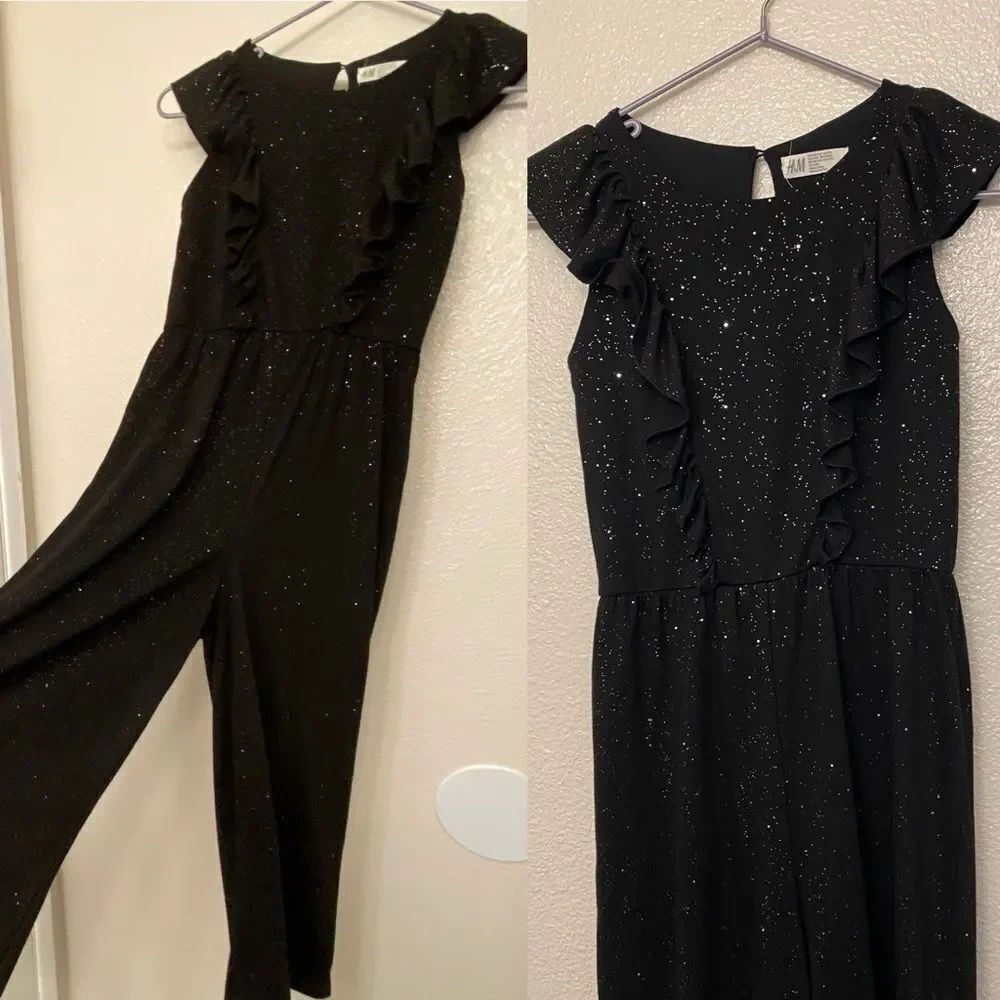 H&M black sparkly stretch cotton wide leg ruffle jumpsuit romper 8-10